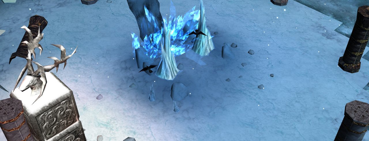 A small island of blue ice crystals in the frozen lake, ringed by dark stone pillars