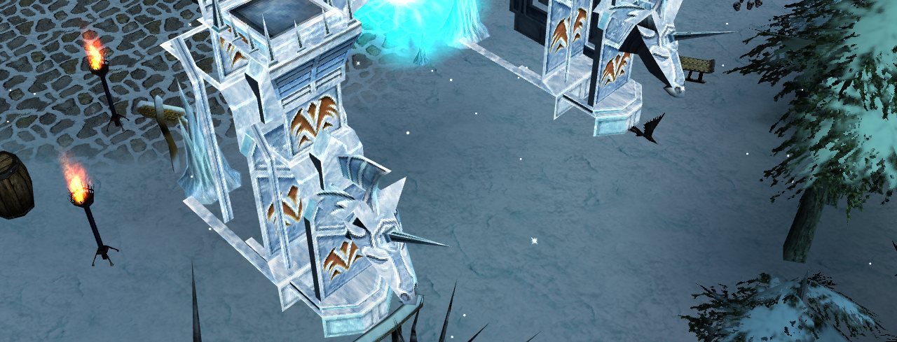 The big ice gate of Devias Wasteland with a glowing light in its opening and torches on the cobbles