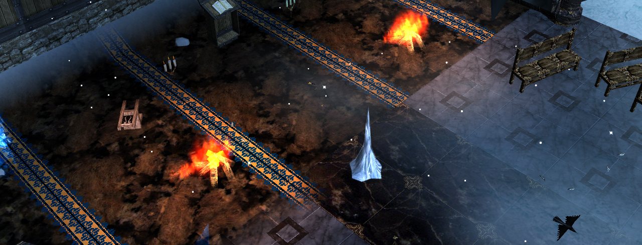 A dark hall of ruins with braziers, carpets and a blue flame at the far end