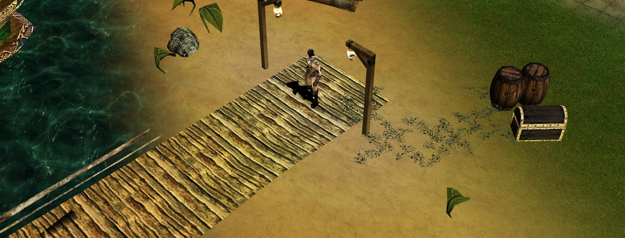 The pier of Promiseland with a wooden jetty, lanterns and the words You have entered Promiseland