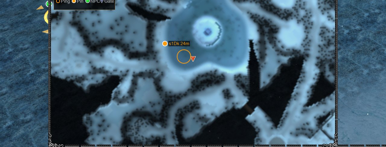 The full map of Devias Wasteland with a legend at the top left, a pin with its distance, and a ping ring on the map