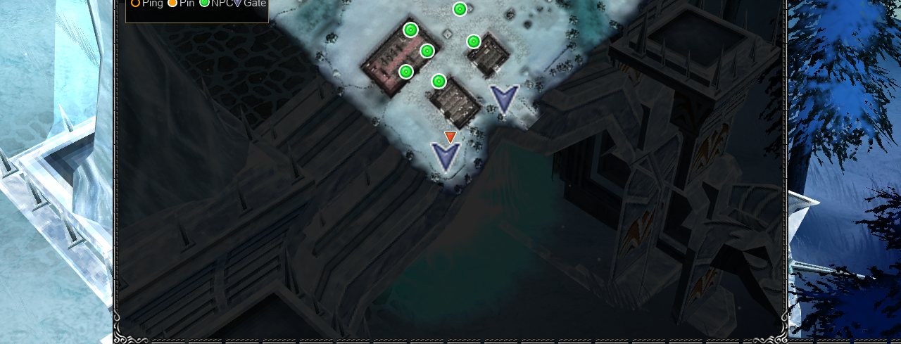 The TAB map of Devias at the Wasteland gate, with green NPC dots and blue gate arrows