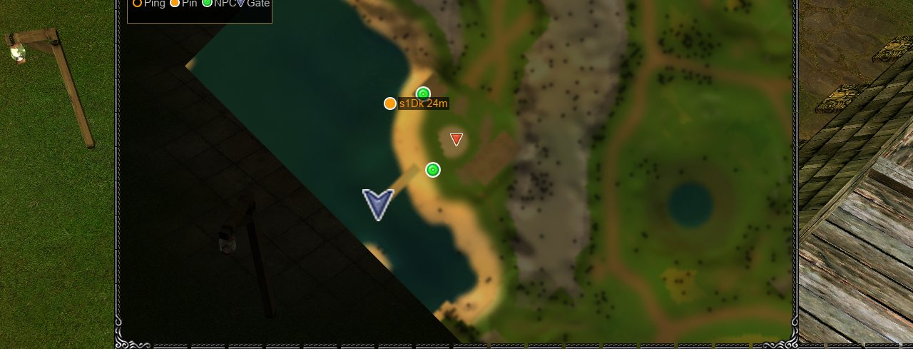 The TAB map of Promiseland with a pin on the shore, NPC dots and a gate arrow